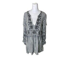 Women’s ZARA TRF Blue Striped Floral Embroidery Dress V-Neck Long Sleeve Size M